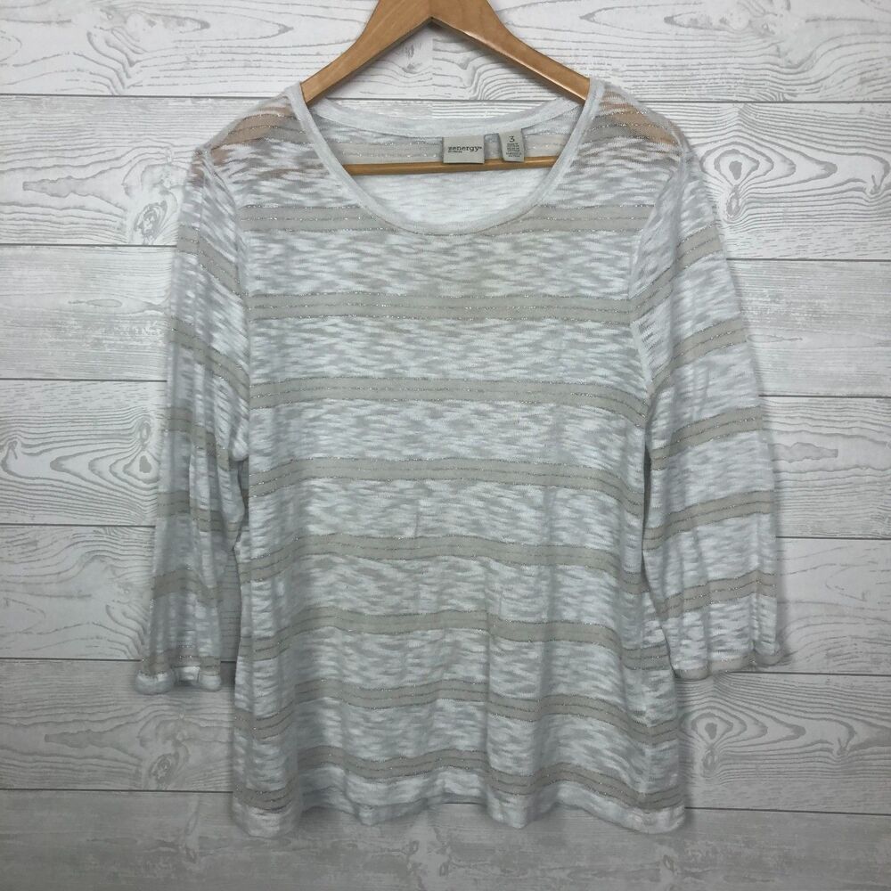 Zenergy by Chico's Women's 3/XL Metallic Striped 3/4 Sleeve Knit Top Scoop Neck